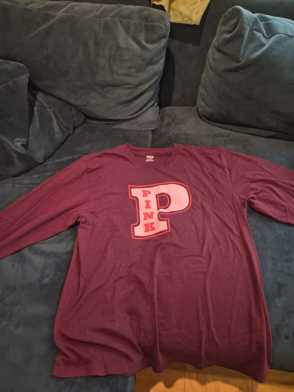 PINK Victoria’s Secret Maroon Burgundy Long Sleeve Campus Tee - Size Large